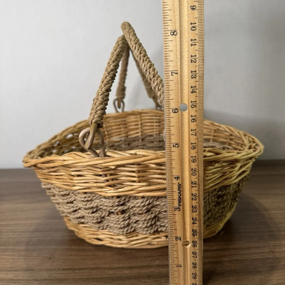 Vintage 1960's Boho Wicker Rattan Folding Handles‎ Hand Woven Basket 11x10